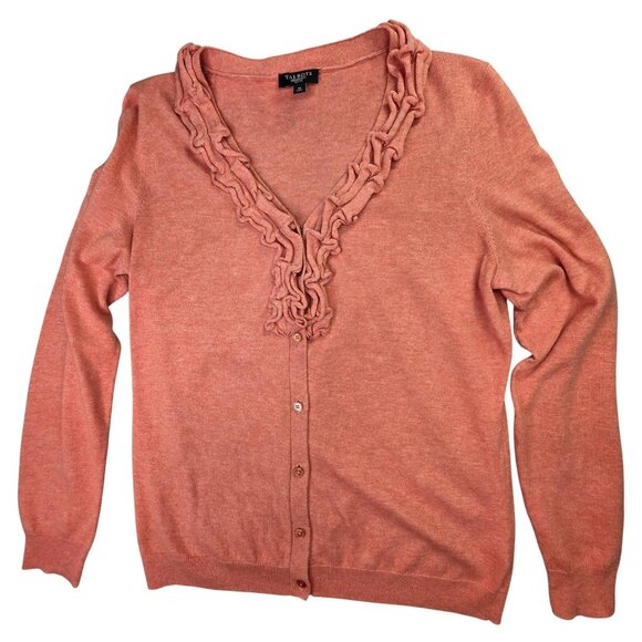 Talbots Sweater Womens Medium Petite Salmon Ruffle Trim Cardigan Button Preppy - Picture 1 of 9